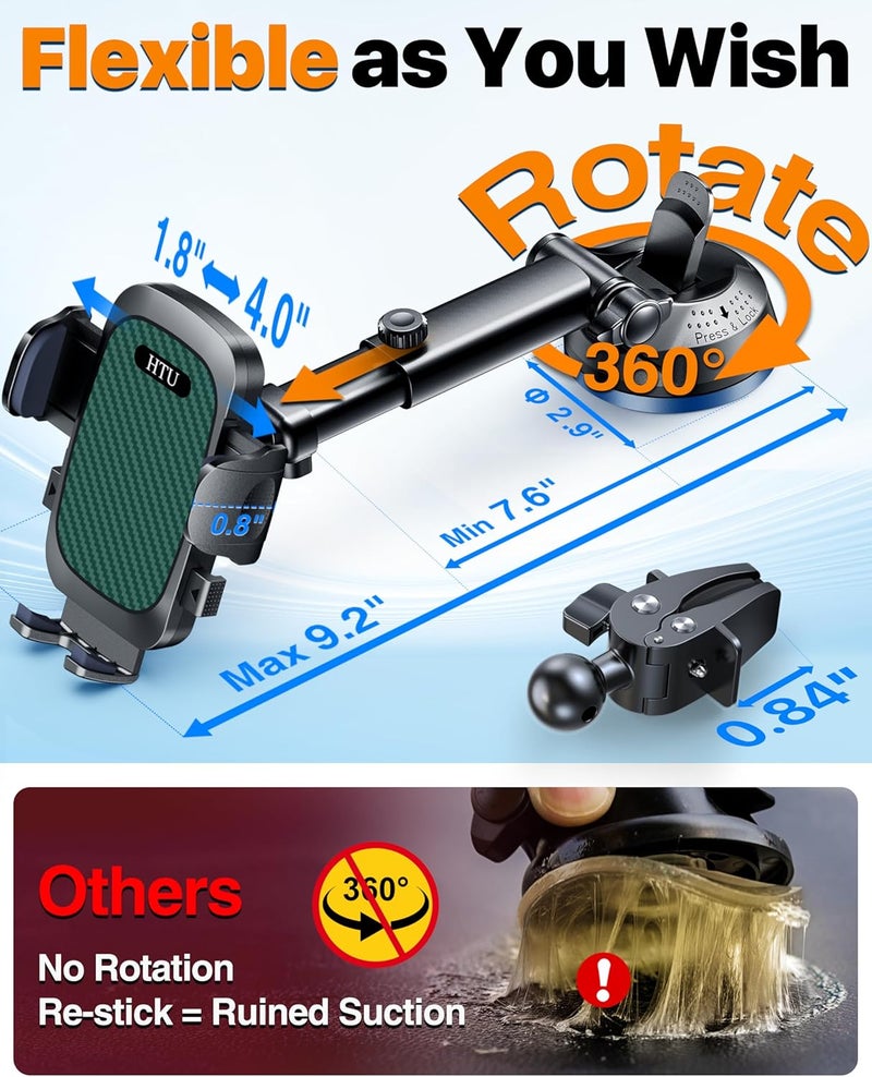 HTU 2026 Ultimate Best【True Military-Grade & Safety Cert】Car Phone Holder 【Upgraded 5-in-1 & 100+LBS Strongest Suction】360 Rotation Truck Windshield Dashboard Vent Mount Stand for iPhone Android, Green - Image 4